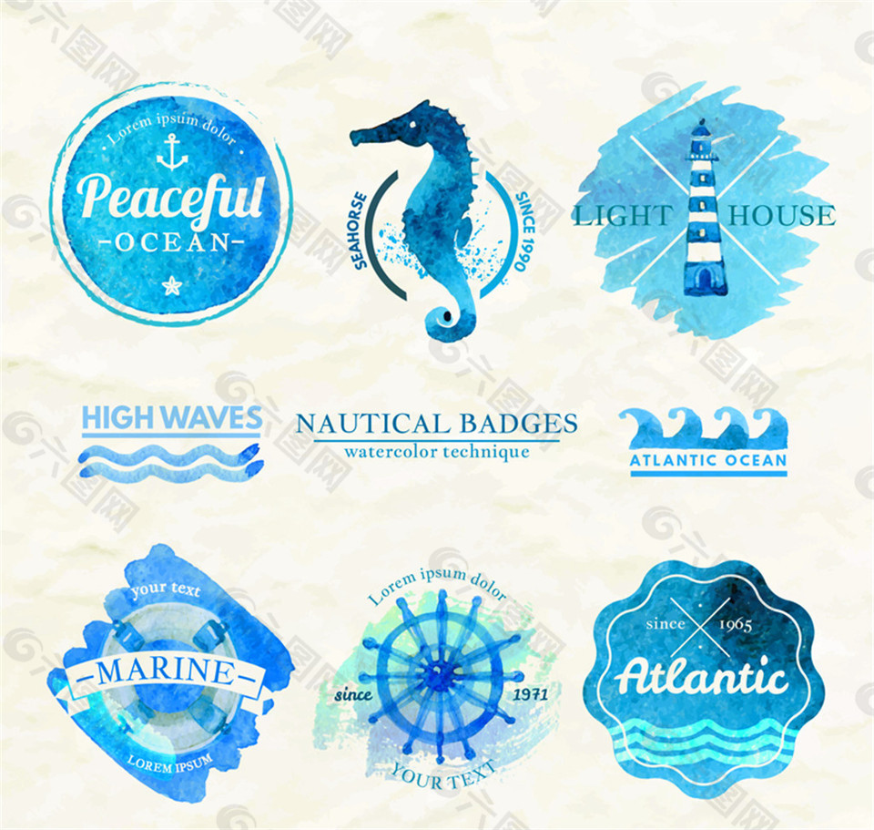 8款蓝色水彩绘航海标志矢量素材