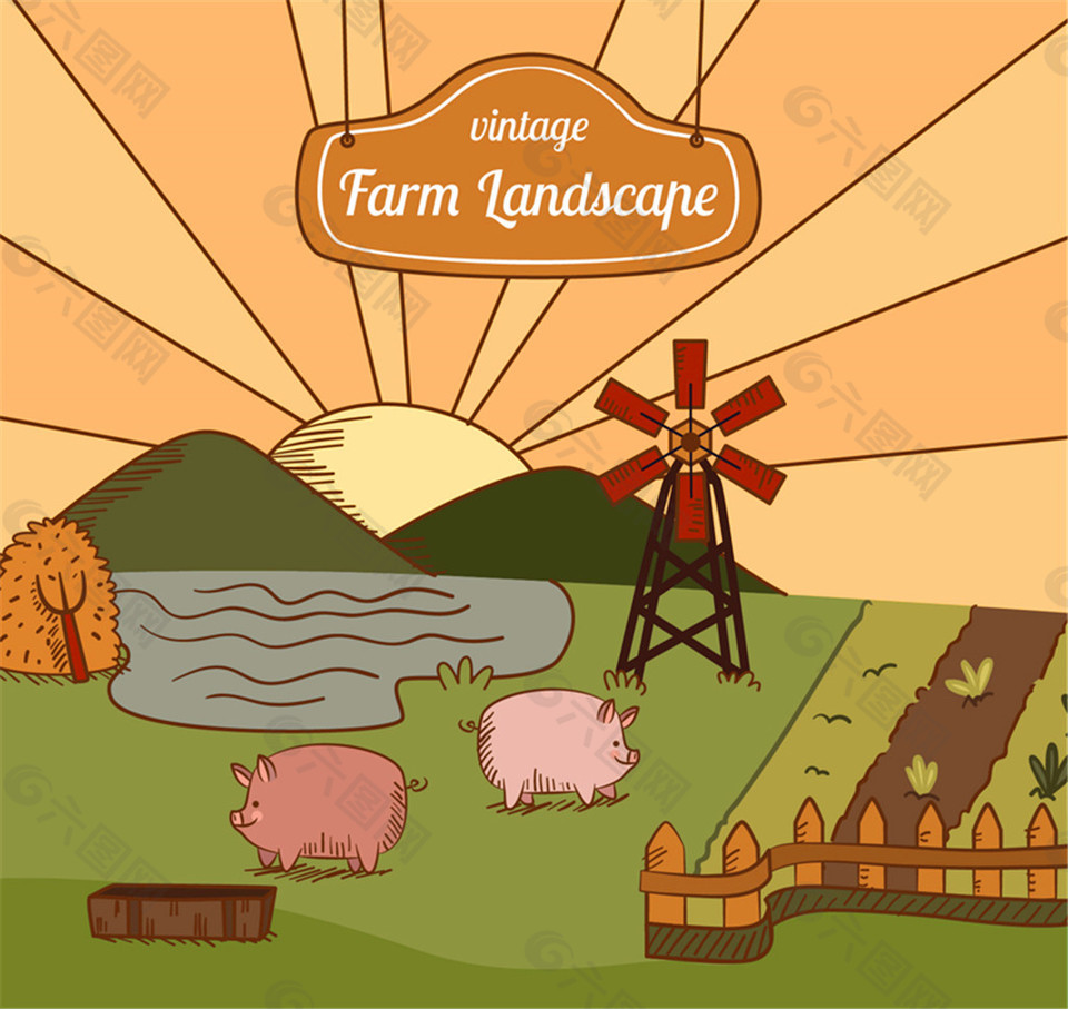 复古彩绘农场风景和猪矢量素材