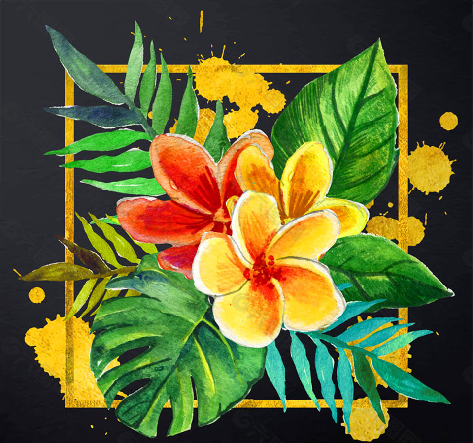 水彩绘热带扶桑花龟背竹矢量素材