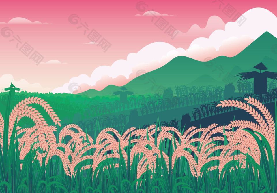唯美扁平化稻田景观