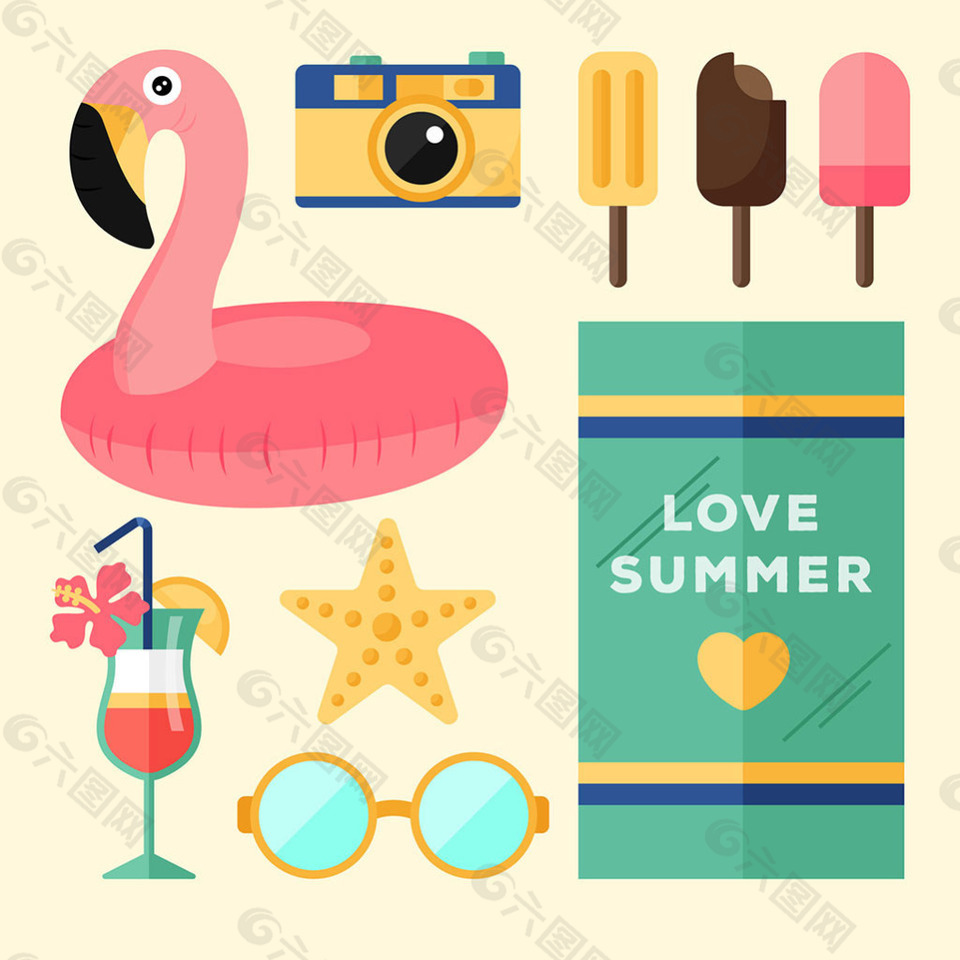 手绘火烈鸟与其他夏天元素