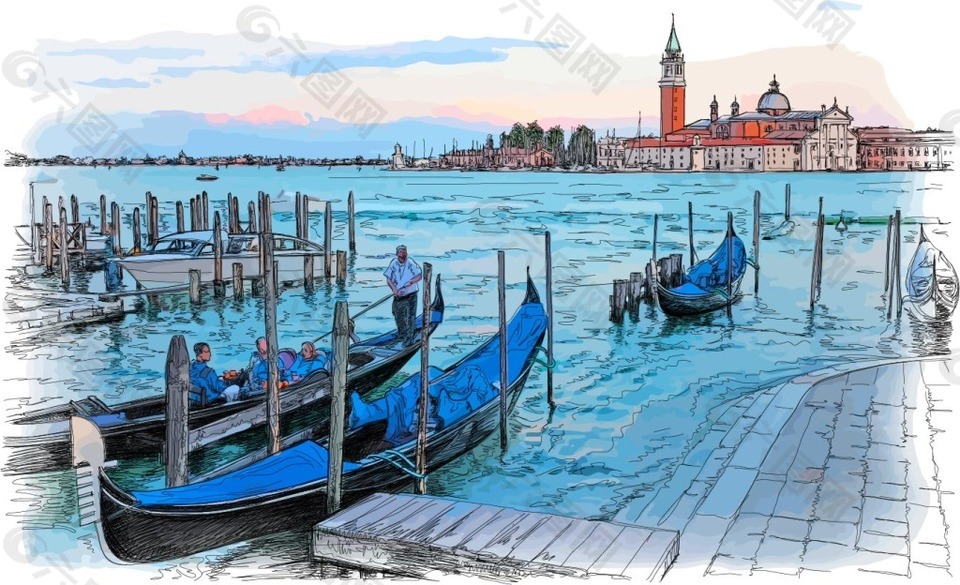手绘威尼斯景观矢量素材下载