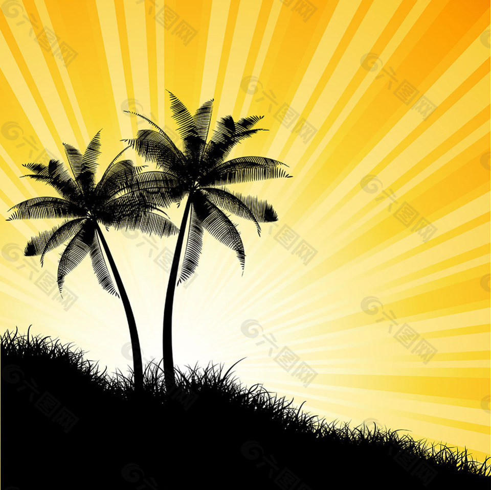 椰子树剪影黄色射光背景