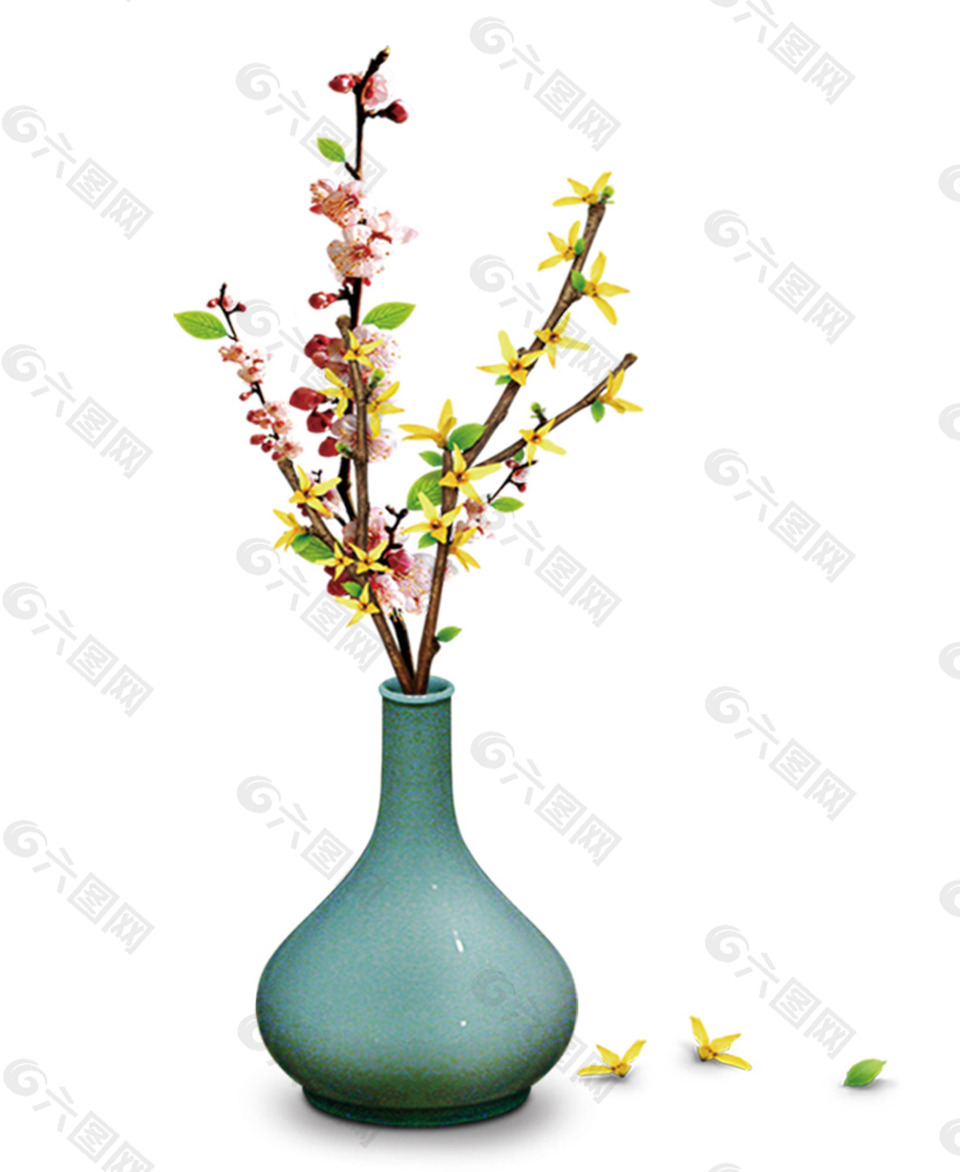 中国风蓝色花瓶插花装饰图案设计元素素材