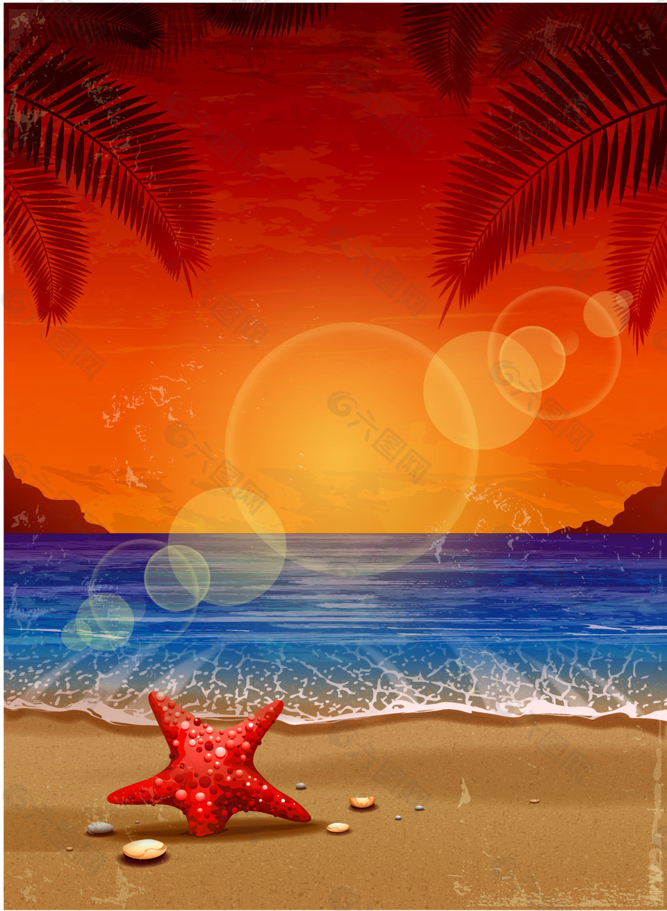 红色海星蓝色海水夕阳背景