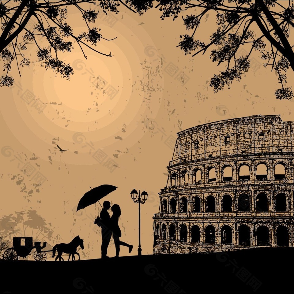 罗马日落情侣旅游矢量素材