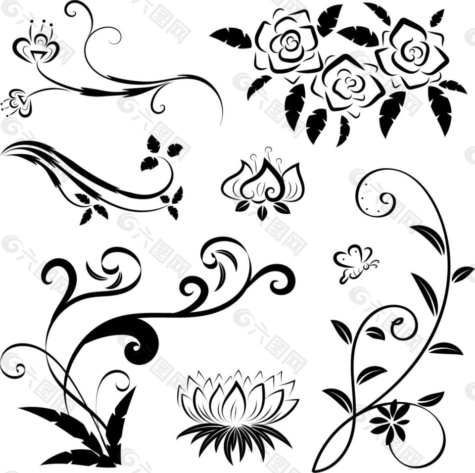 黑色花卉图案矢量素材下载设计元素素材免费下载(图片编号:8637887)