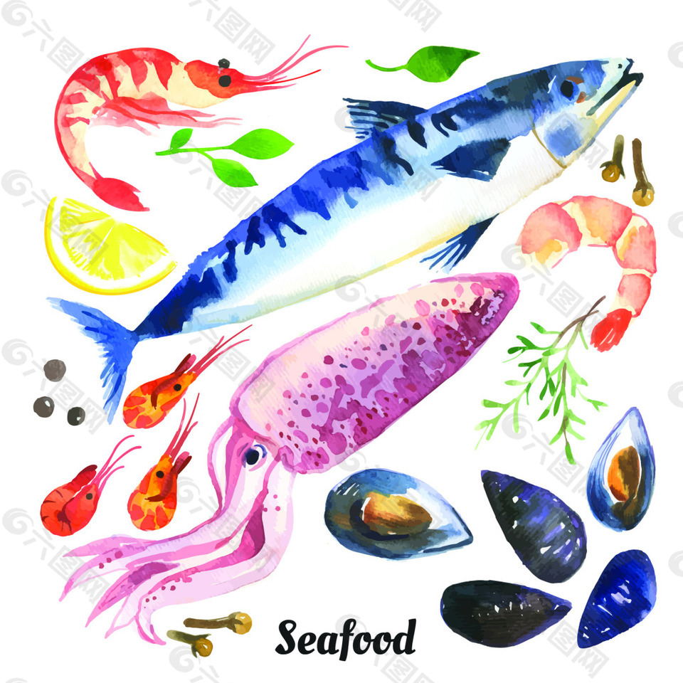 海鲜章鱼大虾素描手绘水果食物矢量图
