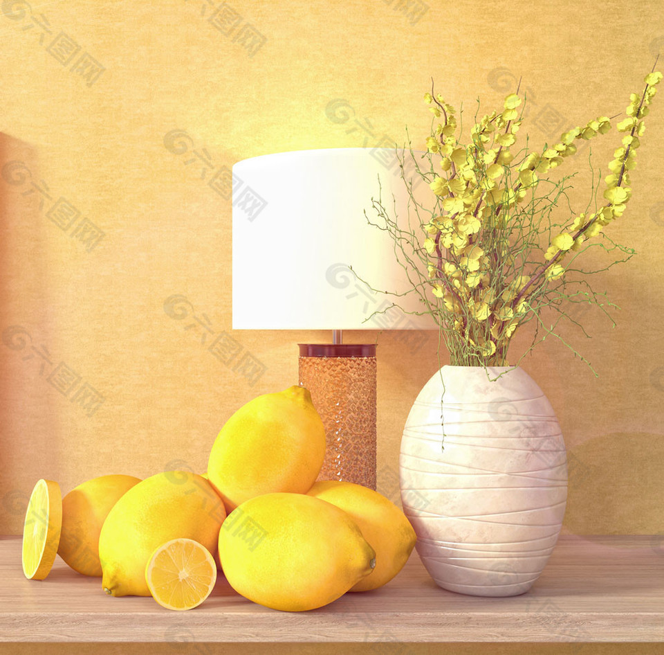 柠檬和台灯花瓶图图片