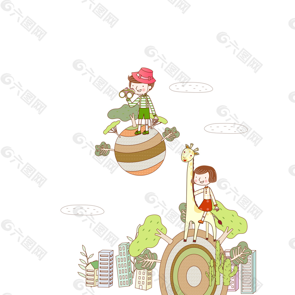 手绘女孩建筑物