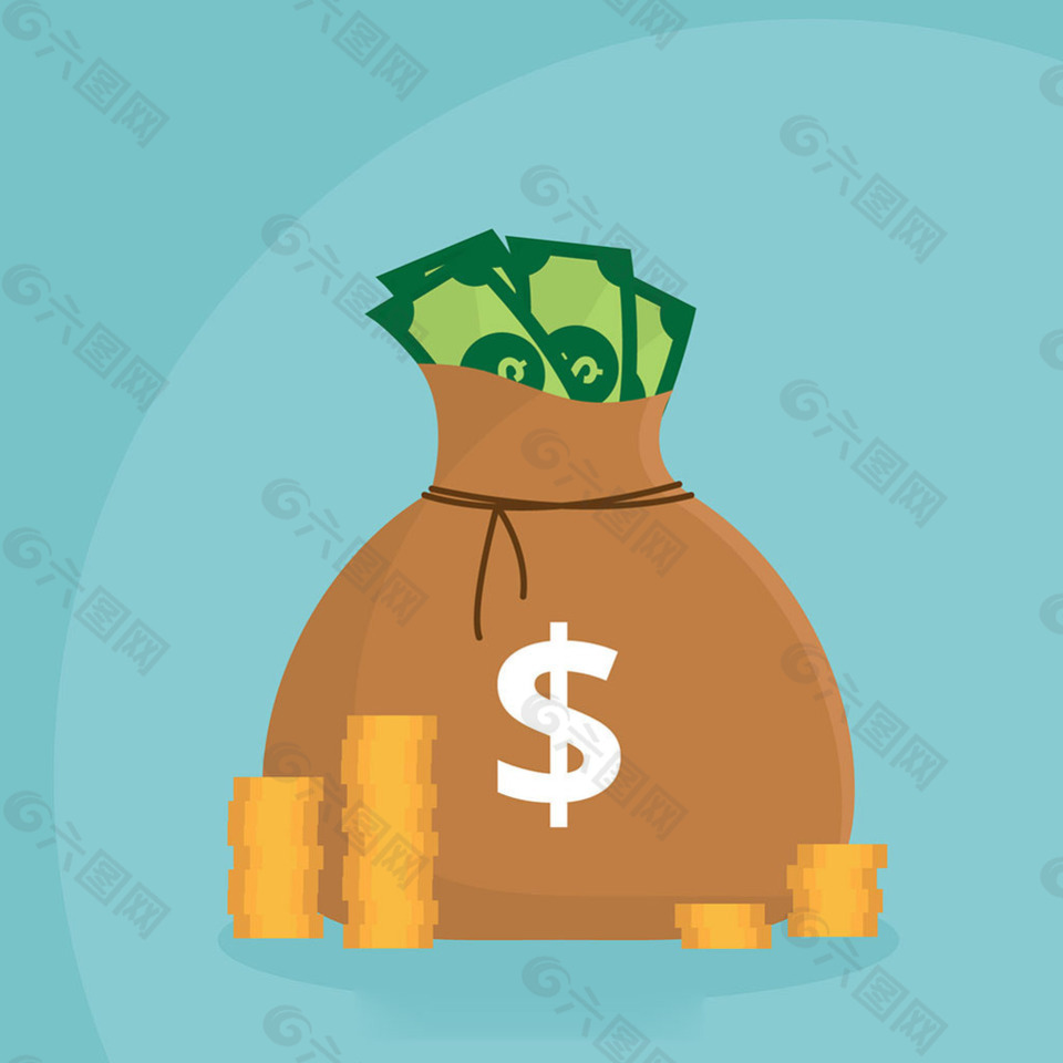 美元符号钱袋金币蓝色背景