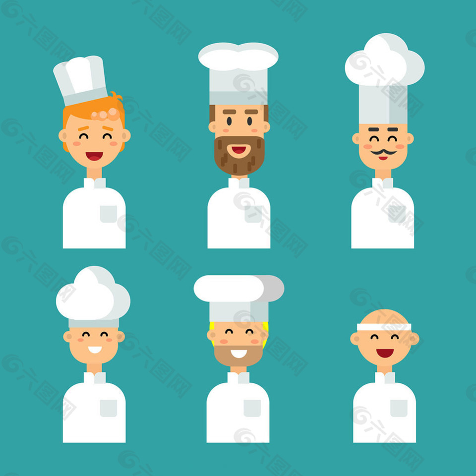 手绘扁平风格各种厨师角色插图