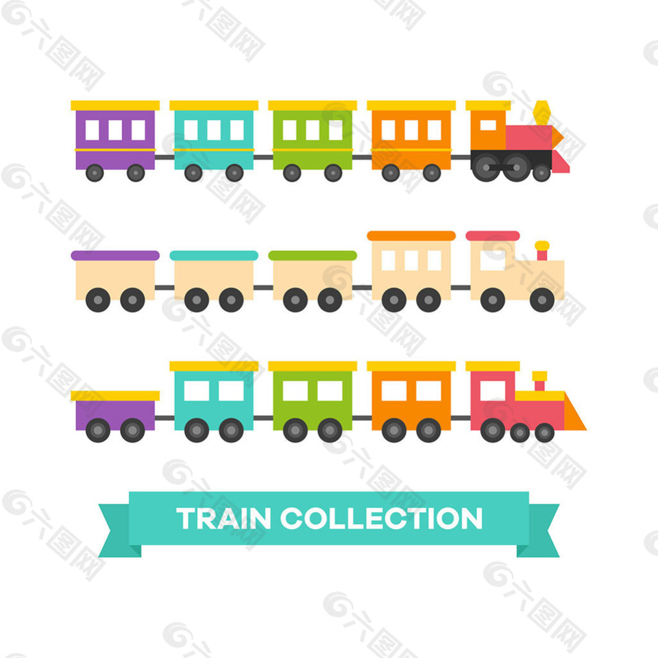 手绘各种彩色玩具火车矢量素材