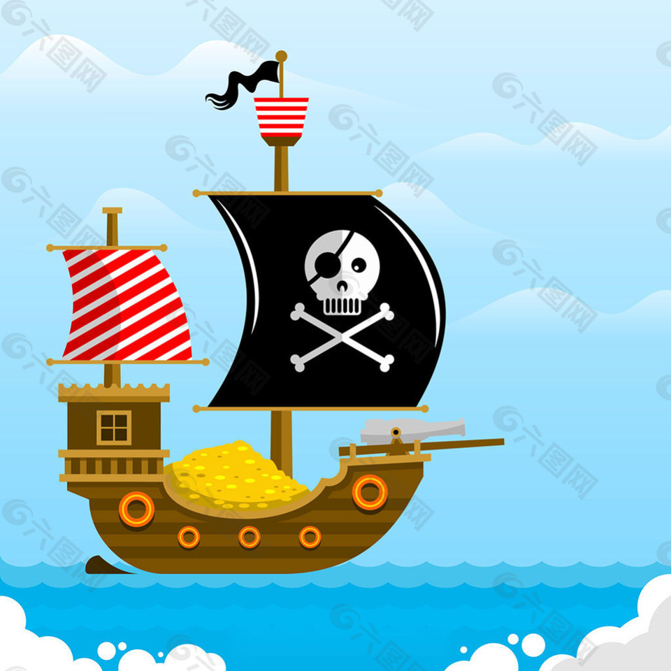 扁平风格海盗船装金币大海背景