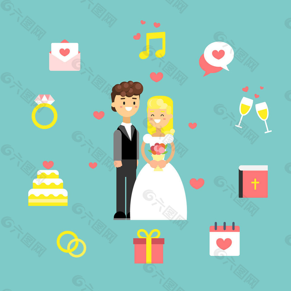 新婚夫妇和各种婚礼物品图标
