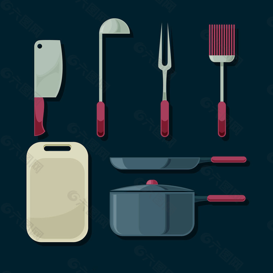 扁平风格各种厨房物品矢量图标