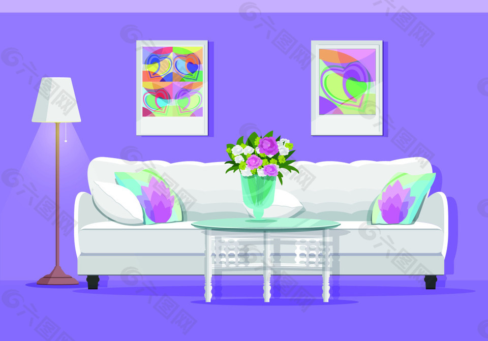 紫色家庭室内房间装饰设计卡通矢量模板
