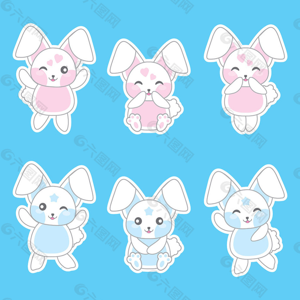 手绘可爱的各种表情的兔子
