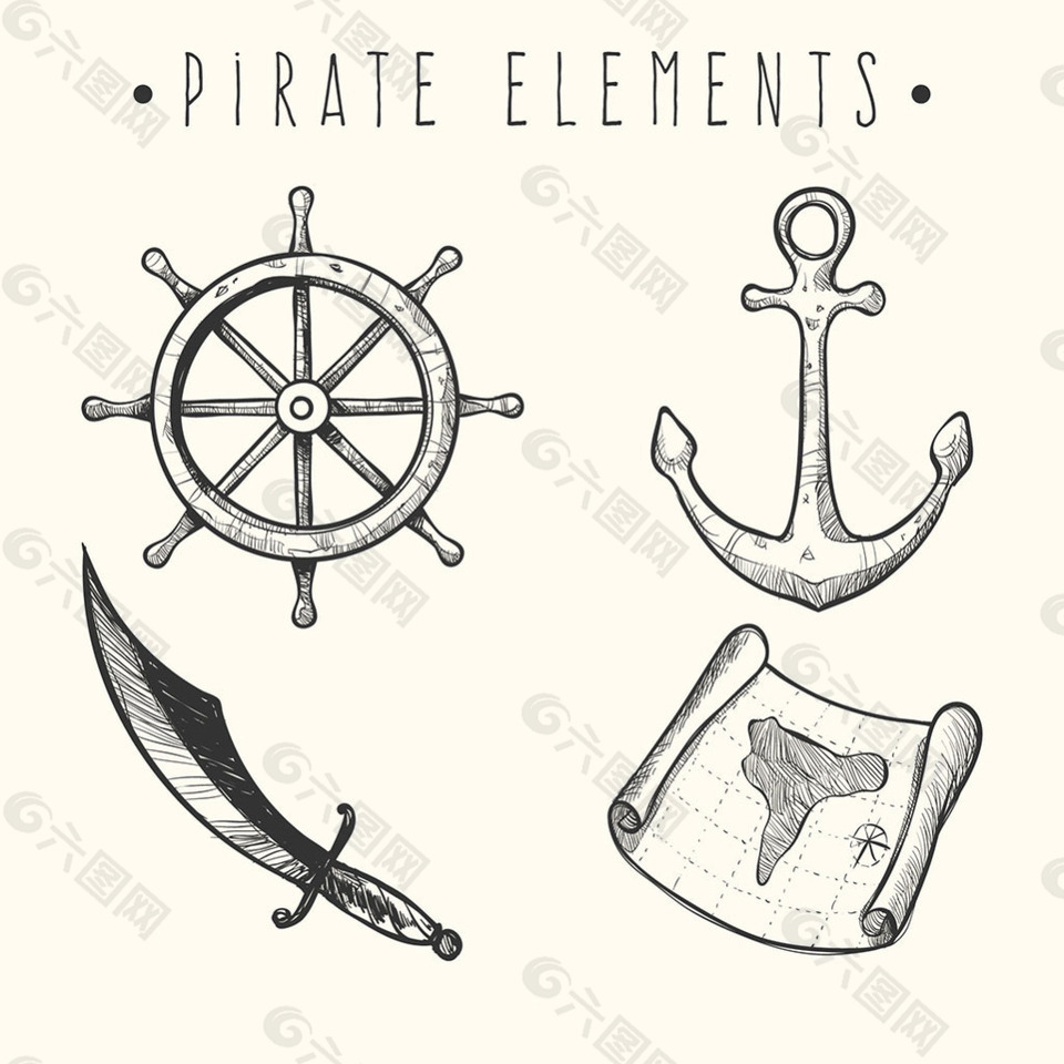 手绘素描风格海盗物品矢量素材