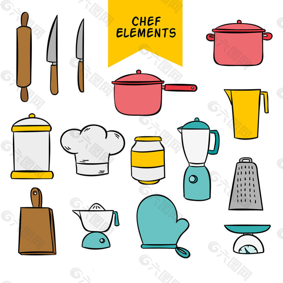 手绘线描风格各种厨师厨房用具矢量素材
