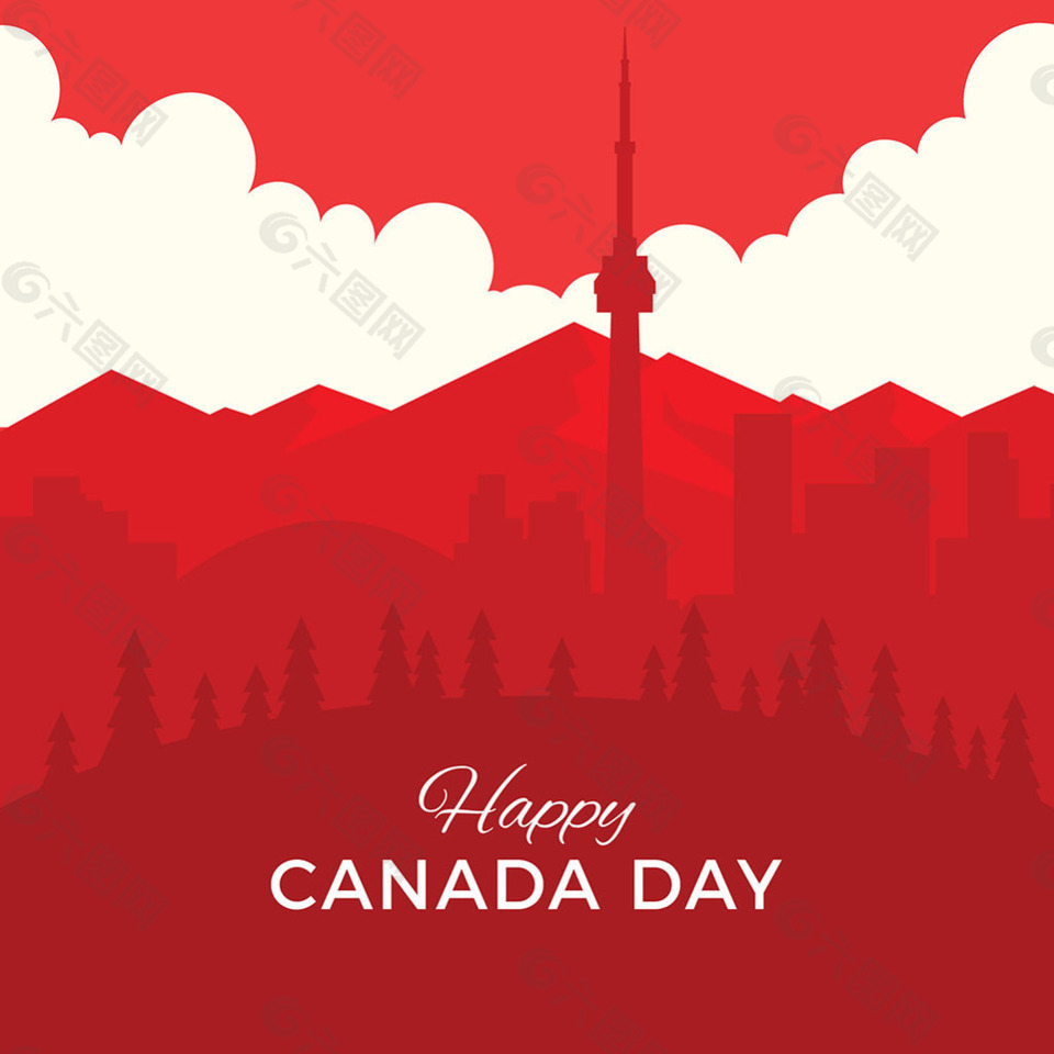 加拿大国庆日红色城市剪影背景