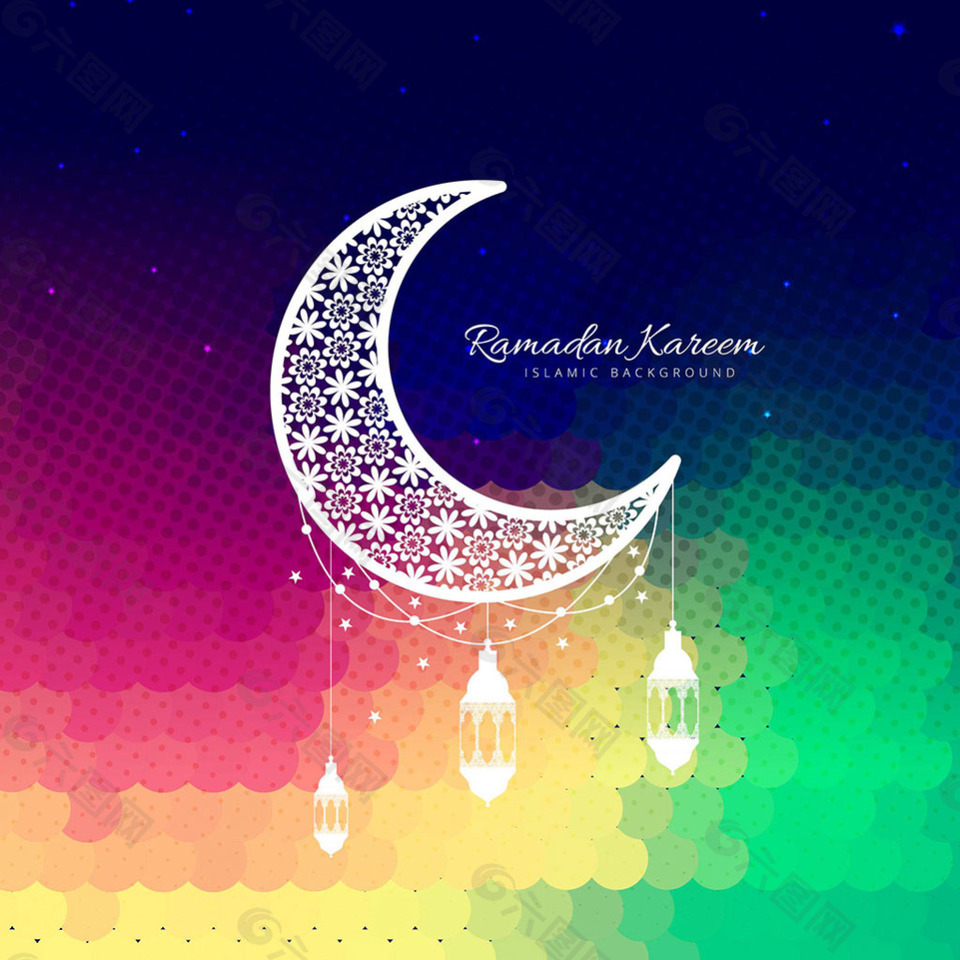 斋月新月图标五颜六色的半色调背景
