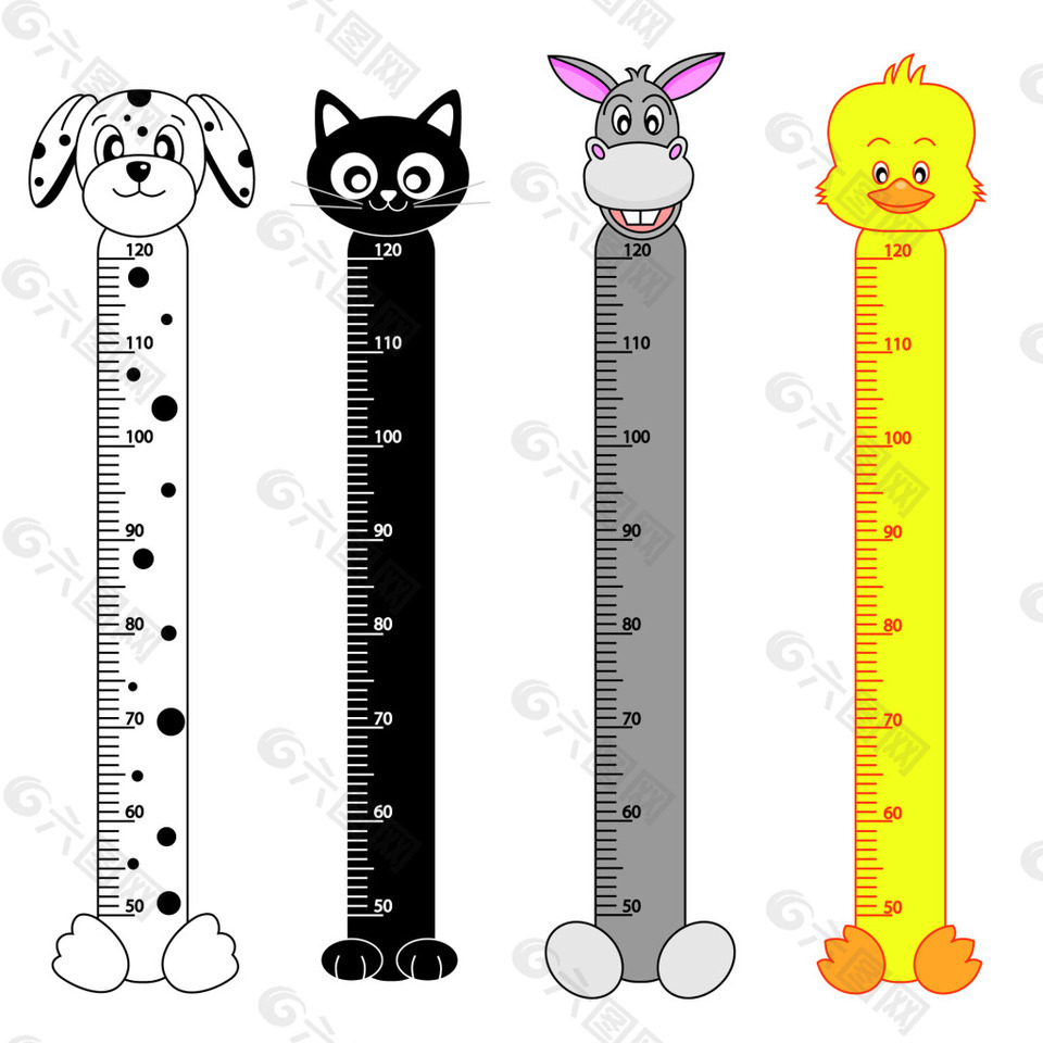 猫狗幼儿园卡通小尺子工具矢量设计素材