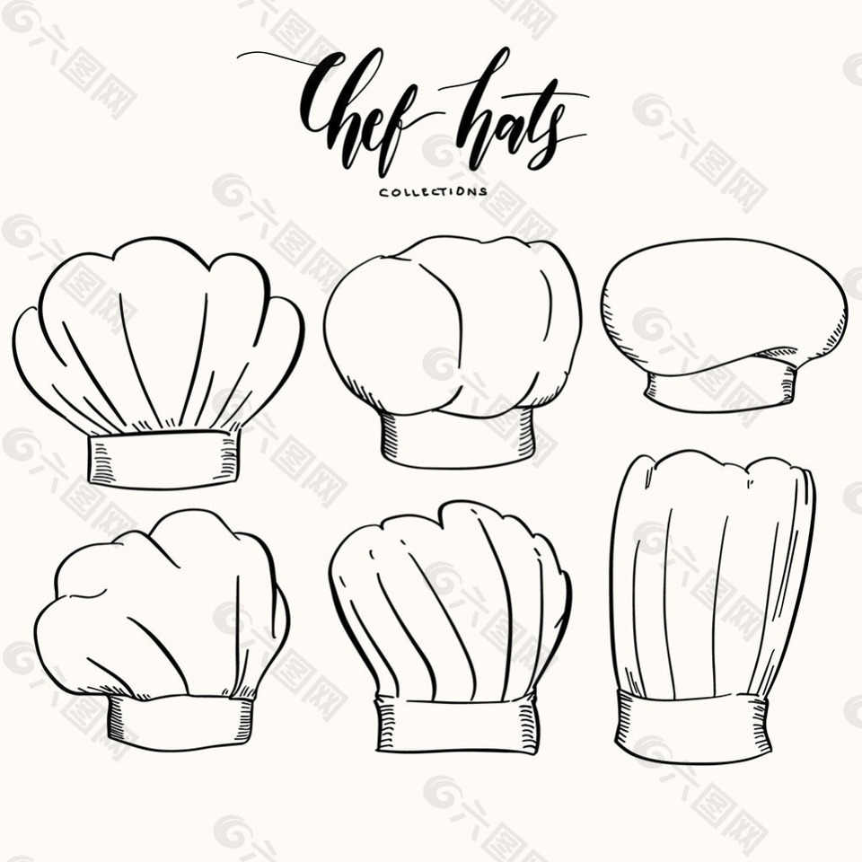 六个手绘厨师帽子图标