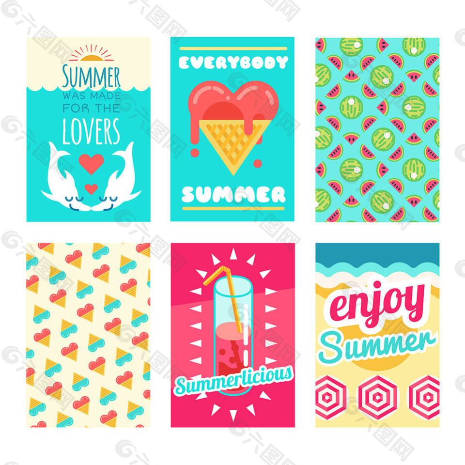 六种彩色夏季主题卡片背景