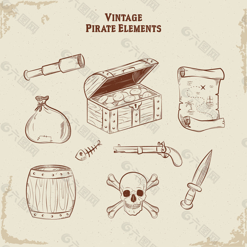 手绘宝箱和海盗元素图标