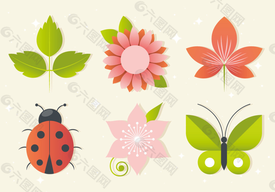 手绘矢量花卉昆虫素材