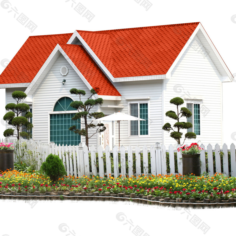 栅栏房子花朵盆景素材