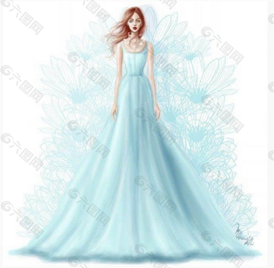 浅蓝色长裙礼服设计图