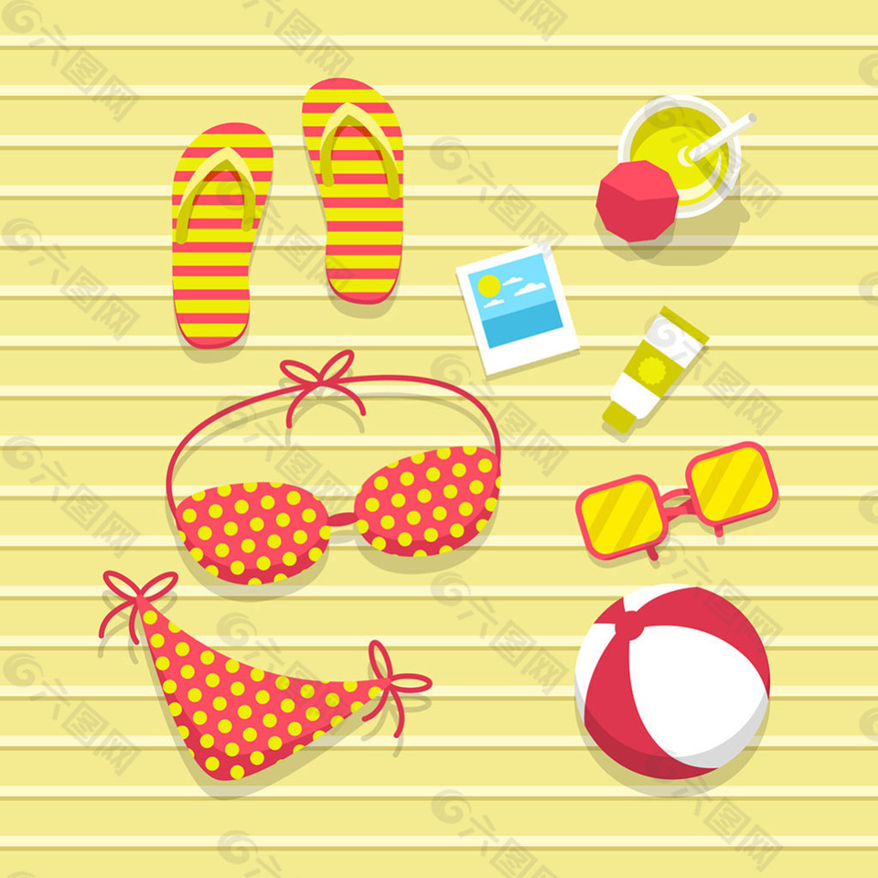 比基尼与海滩元素平面设计素材