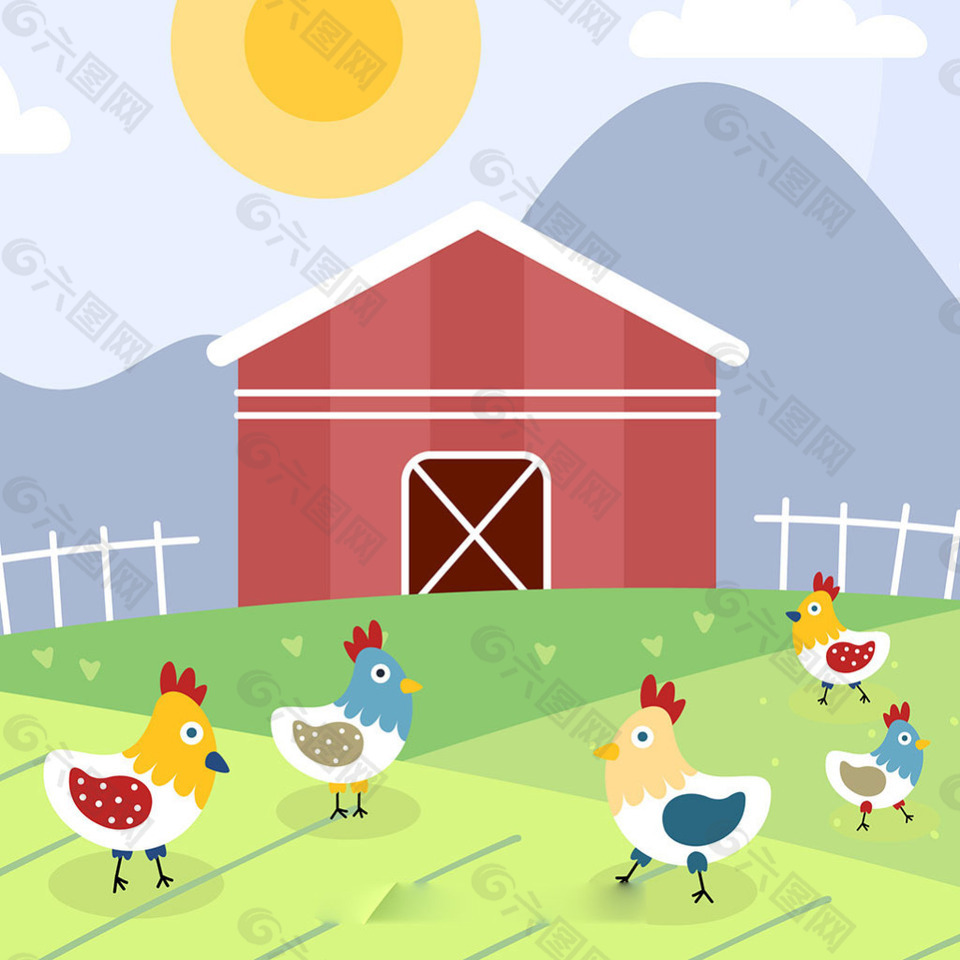 绿色农场和一群小鸡背景