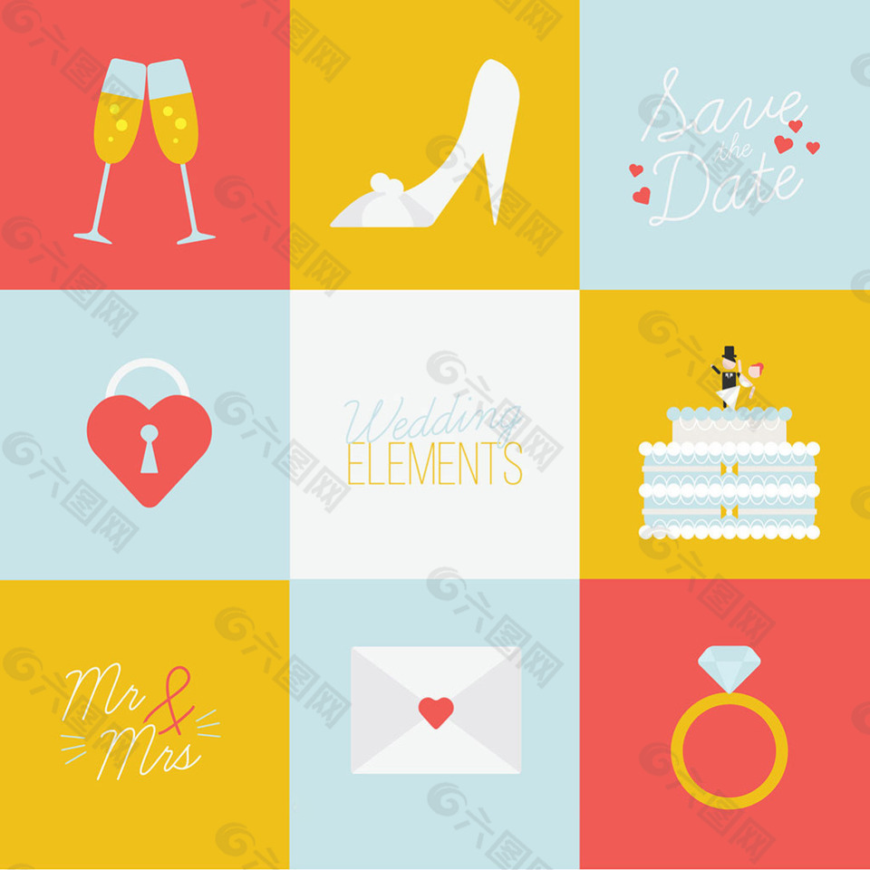 彩色婚礼元素平面设计素材
