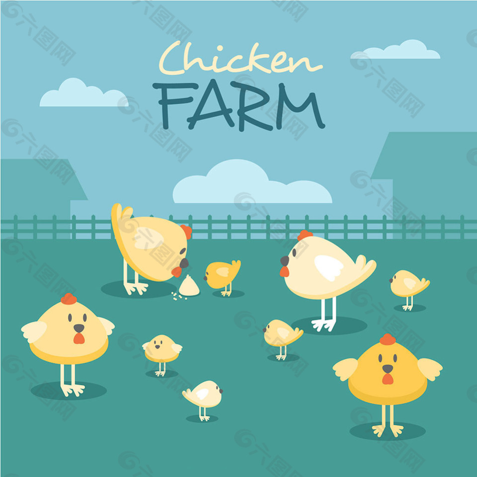 扁平风格农场母鸡和小鸡
