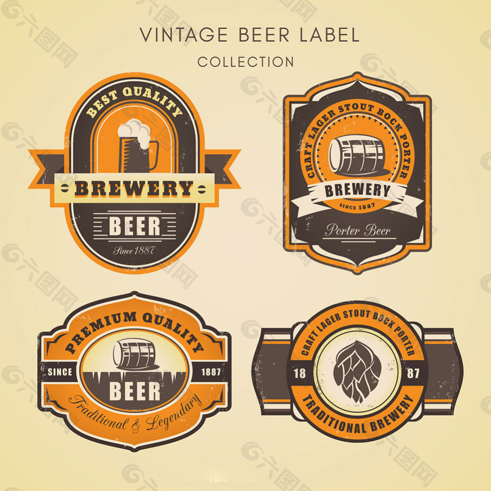 四个复古风格啤酒贴纸图标