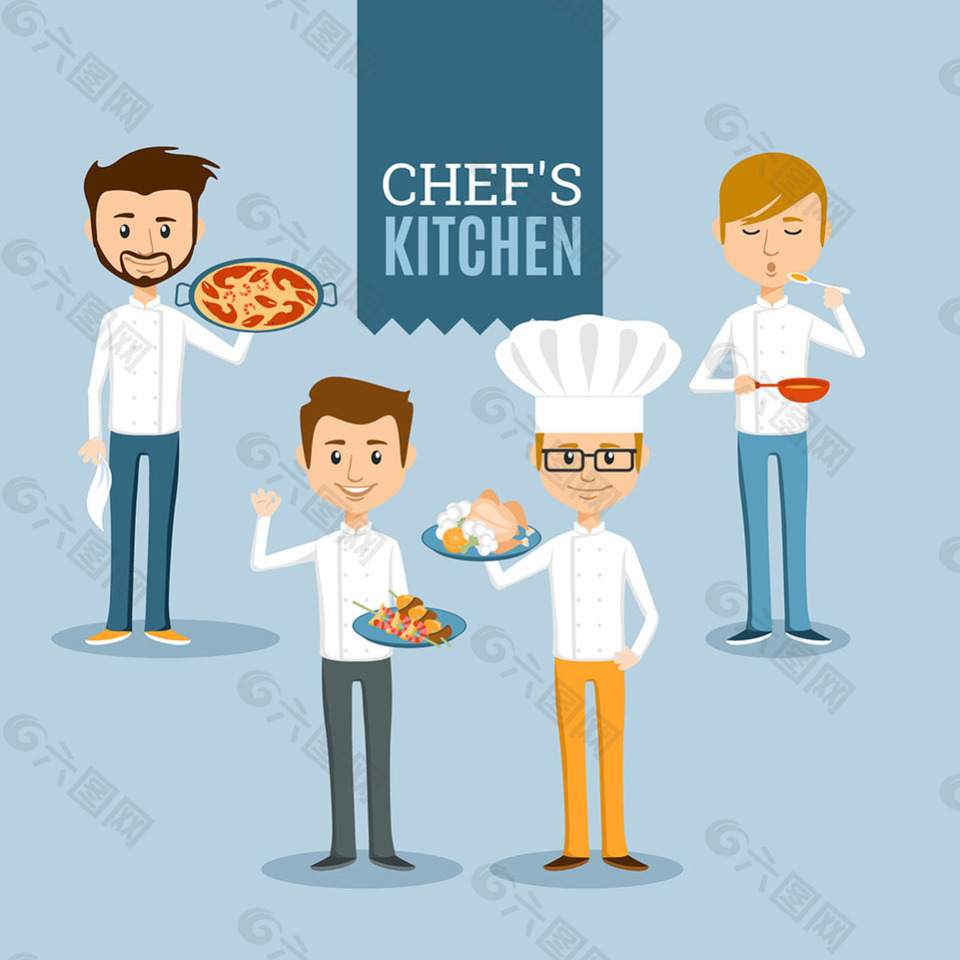 手绘四个微笑的厨师插图