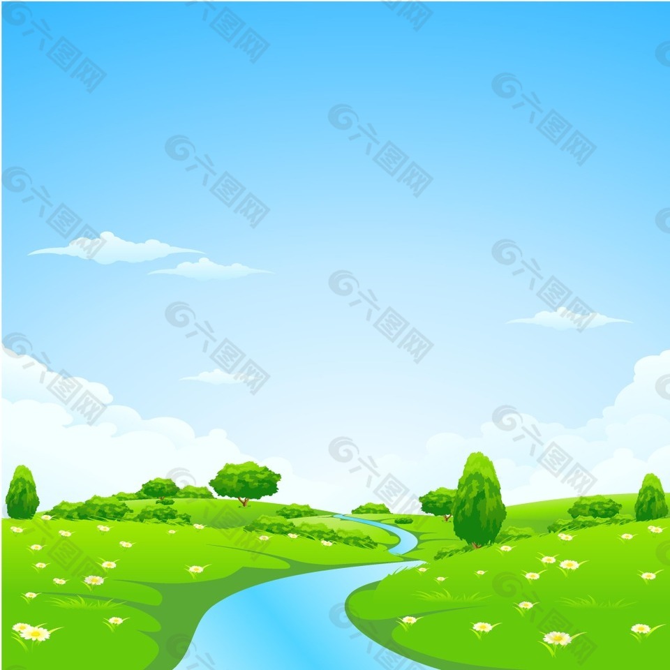 绿色草地河流蓝天背景