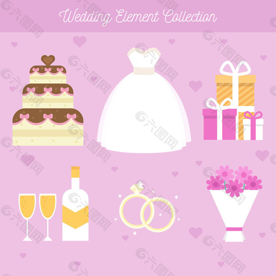 婚礼蛋糕和其他元素平面设计素材