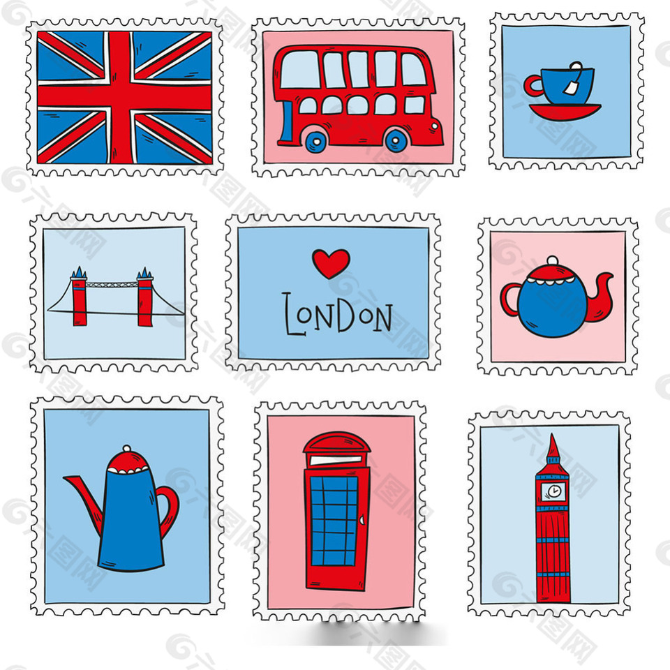 手绘伦敦主题邮票图标