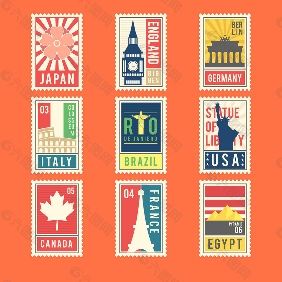 彩色9个城市邮票图标