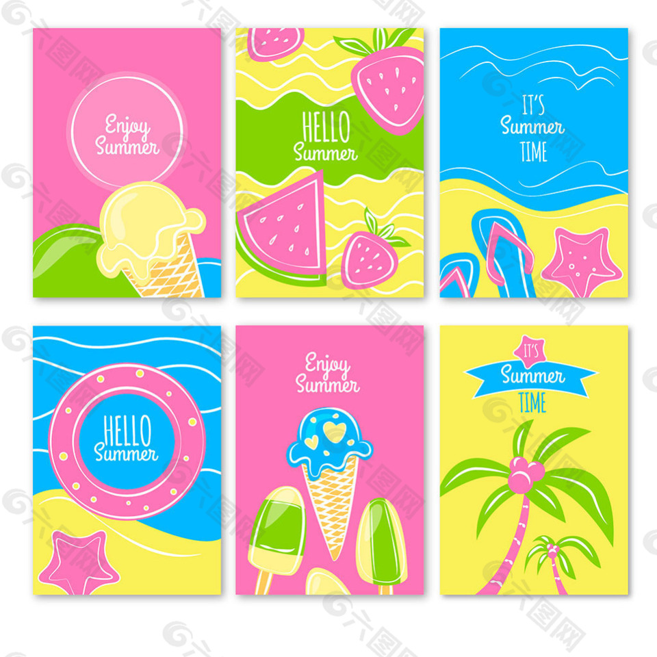 手绘五颜六色的夏日元素卡片