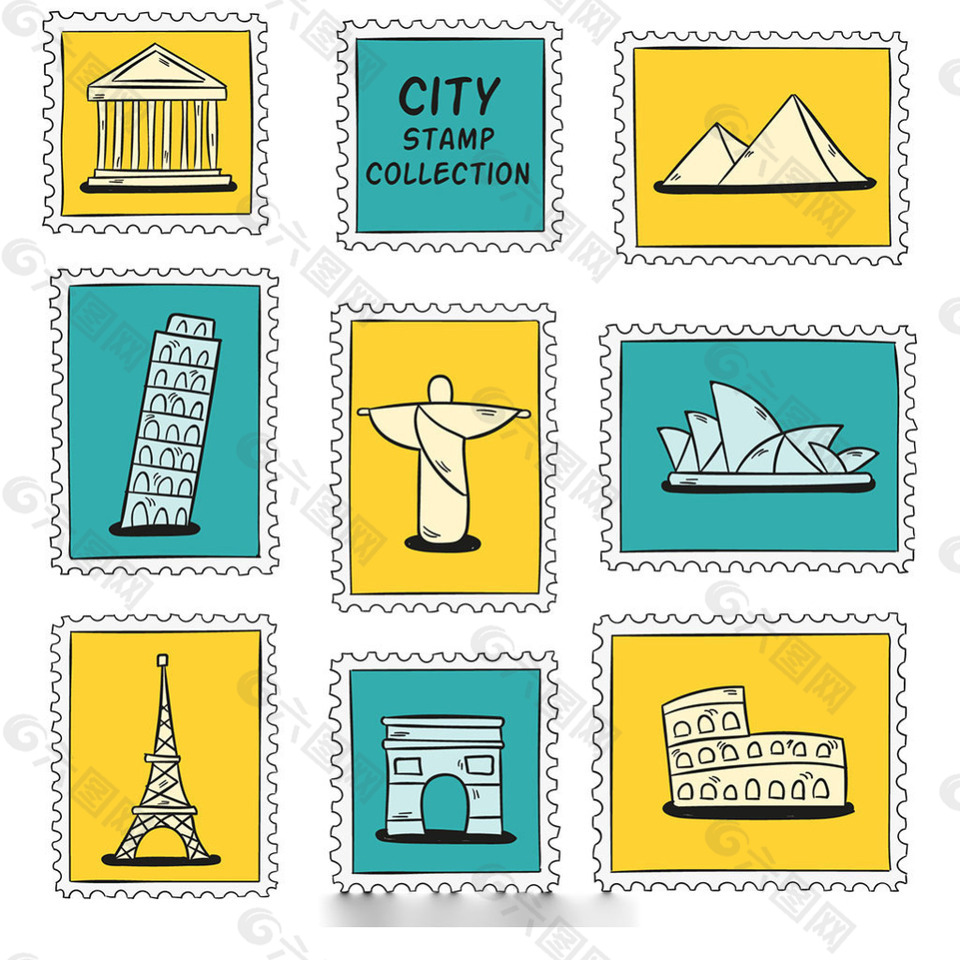 手绘城市邮票图标