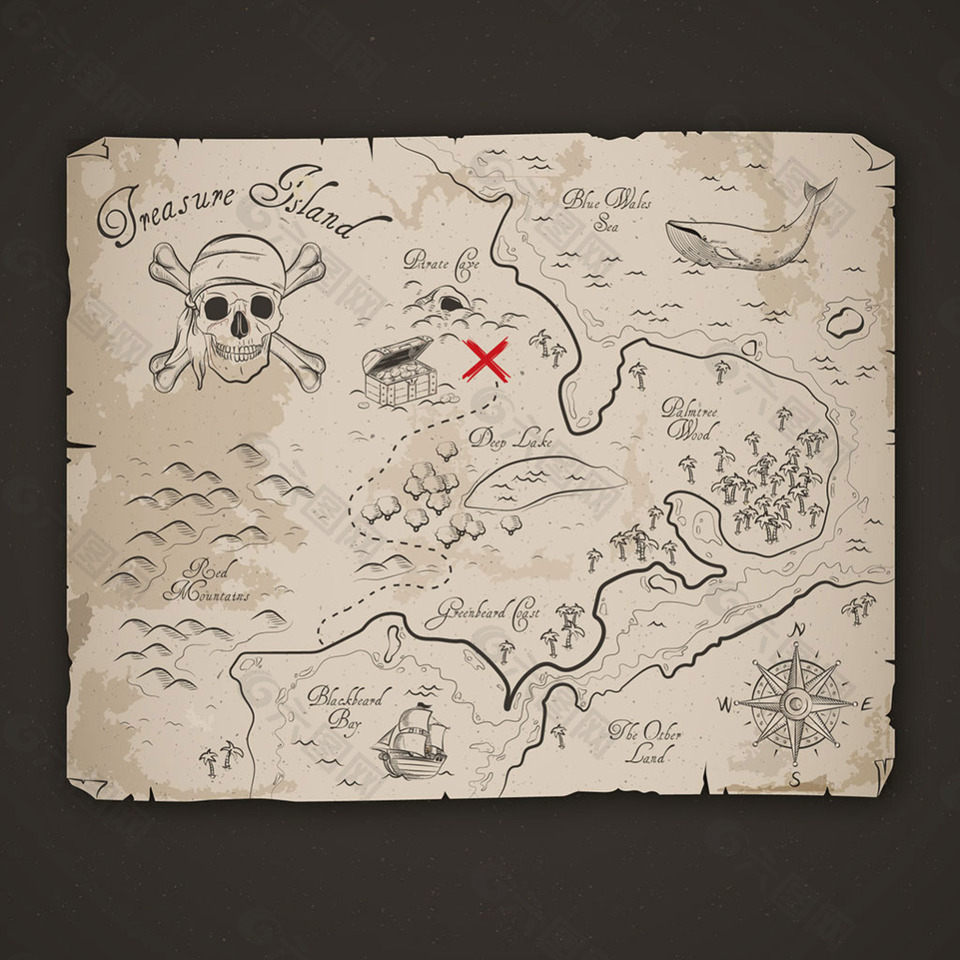素描风格海盗冒险地图