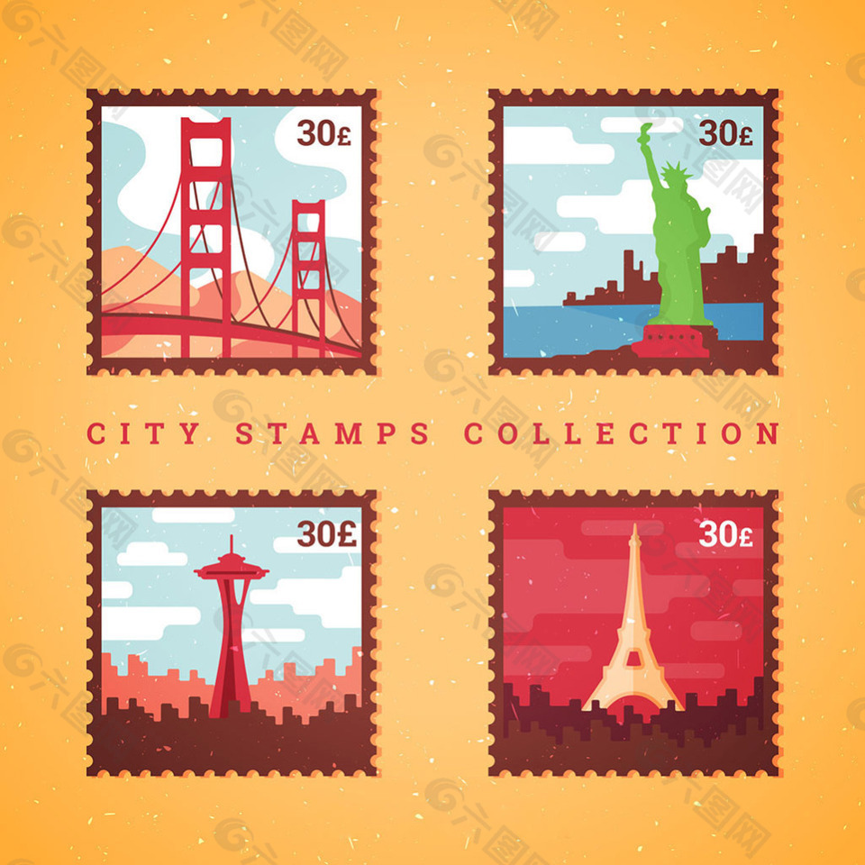 四个彩色不同的城市邮票