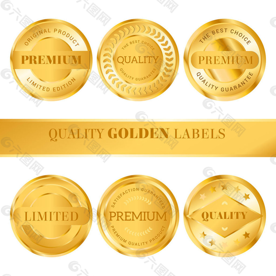 六个金色高品质产品认证贴纸图标