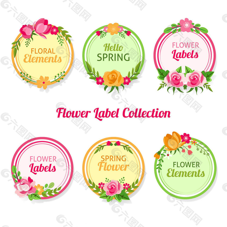 六个复古风格圆形花边贴纸图标