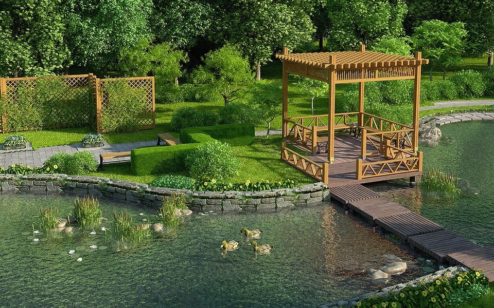 公园湖景观设计效果图 景观模型